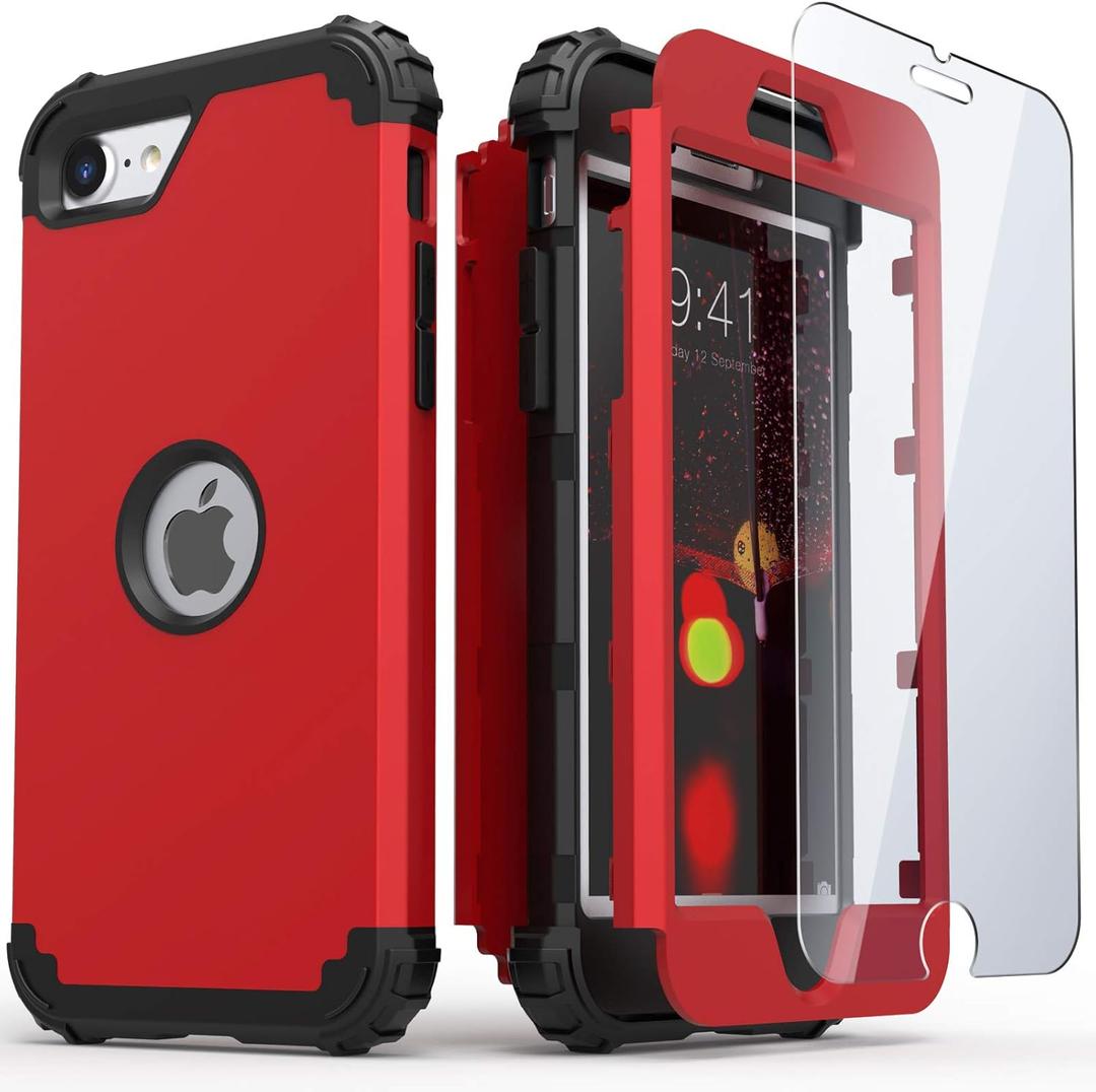 IDweel for iPhone SE 2020 Case with Screen Protector, Case for iPhone SE 2022, Durable Sturdy 3 in 1 Shock Absorption Slim Fit Heavy Duty Hard PC Cover Soft Silicone Bumper Full Body Cover, Red
