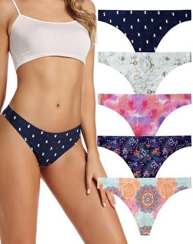 voenxe Seamless Women Underwear Thongs,No Show Ladies Thong,No Line Workout Breathable Comfortable Panties,Soft Undies,5-Pack. S