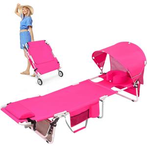 Wheel-To-Go Tanning Chair with Wheels Sun Canopy Umbrella Face Hole Thicker Washable Adjustable, Heavy Duty Folding Sun Lounge Chair Beach Outside Sunbathing Reading, UPF 50+, Pink (Patent Design), Standard to Large