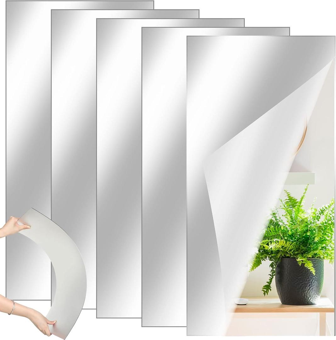 Queekay 5 Pcs Home Gym Mirrors 12" x 24" Acrylic Wall Mirror Tiles 2mm Thick Self Adhesive Mirror Sheets Frameless Wall Mounted Mirror Stickers Decor for Workout Bedroom Ceiling