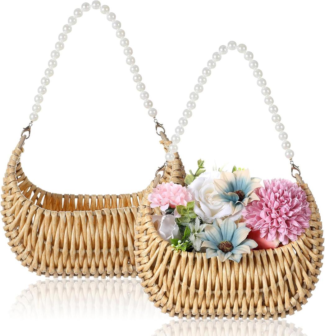 2 Pcs Rattan Flower Girl Basket with Pearl Handle Small Half Moon Wicker Basket for Wedding Flower Girl Picnic Garden Storage and Home Decor (Light Brown)
