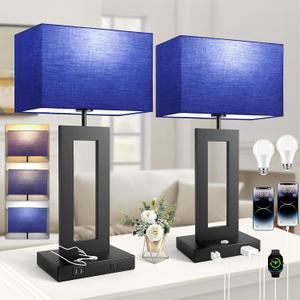 3 Color Temperatures Table Lamps for Bedrooms Set of 2, 22 Touch Control Bedside Nightstand Lamps with 2 USB Ports & AC Outlet, Stepless Dimmable Lamps with Blue Shade, Modern Decor for Living Room (Large)