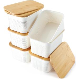 Storage Bins With Lids Pack of 6 Plastic Storage Containers With Bamboo Lids Stackable Storage Baskets for Organizing Desktop Closet Playroom Classroom Office,White,10.8" L x 7.3" W x 5.1" H