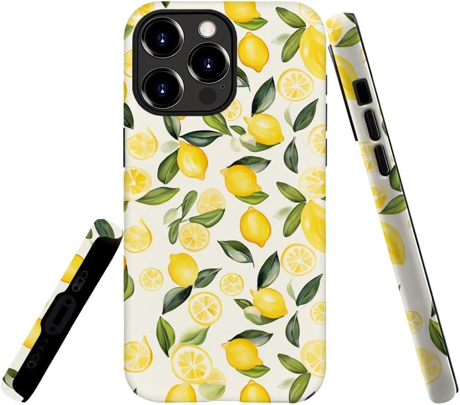 Case Compatible with iPhone 16 Pro,Hybrid 2-Layer Hard Shell,Shockproof Soft for Girl Women,Watercolor Lemons Leaves Pattern