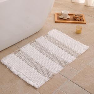 Waffle Bath Mat Non Slip, Boho Bathroom Rug, Super Absorbent Quick Dry Bathroom Mat, Soft Farmhouse Bath Rug with Tassels, Small Washable Shower Mats for Floor 16"x24", White and Taupe