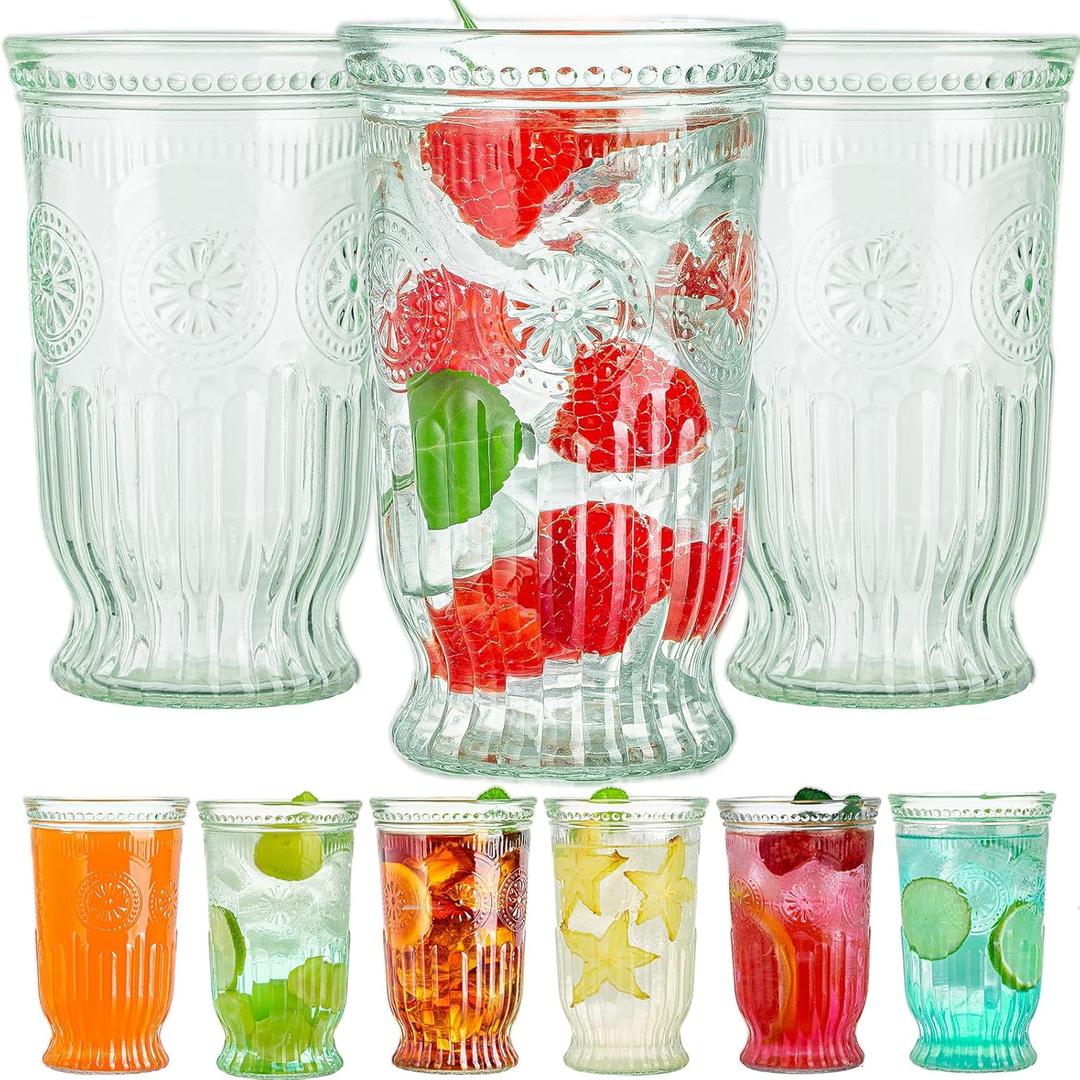 Vintage Drinking Glasses, 6 pcs Embossed Designed Highball Glasses, 16oz Glass Cups, Tall Water Glass Tumbler, Mojito Cup, Cocktail Glass, Vintage Glassware Set for Juice, Cocktail, Whiskey