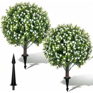 Artificial Boxwood Topiary Ball Trees with Baby Breath Flowers with Spikes for Outdoor 24" Set of 2 , UV Resistant Faux Greenery Shrubs, Realistic Fake Bushes Plant for Garden Yard Front Porch Decor