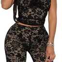 Mandonce Sexy Outfits For Women Sleeveless V Neck Lace Camisole Crop Tops Match Skinny Lace Capri Pants Clubwear Trendy M