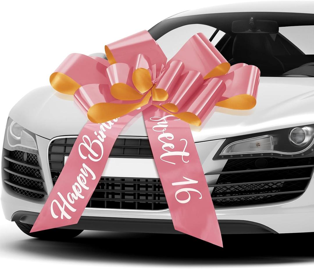 Happy Birthday Car Bow Sweet 16 Big Car Pull Bow 30 Inch Giant Gift Wrapping for Birthday Party Decorations(Rose Gold)