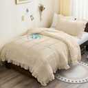 WONGS BEDDING Beige Comforter Set Full, 3 Pieces Ruffle Shabby Chic Comforter for Dorm Room Essentials for Full Bed, Soft Seersucker Bedding Set with 1 Comforter, 2 Tufted Pillowcases 90"78"
