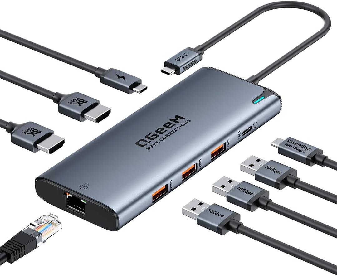 QGeeM USB C Hub,8 in 1 Extender Splitter with Single 8K,Dual 4K@60Hz HDMI,Multiport USB C to Ethernet Adapter for Type C Device,USB A 10Gbps Data,PD100W-M1/M2 only 1 Display