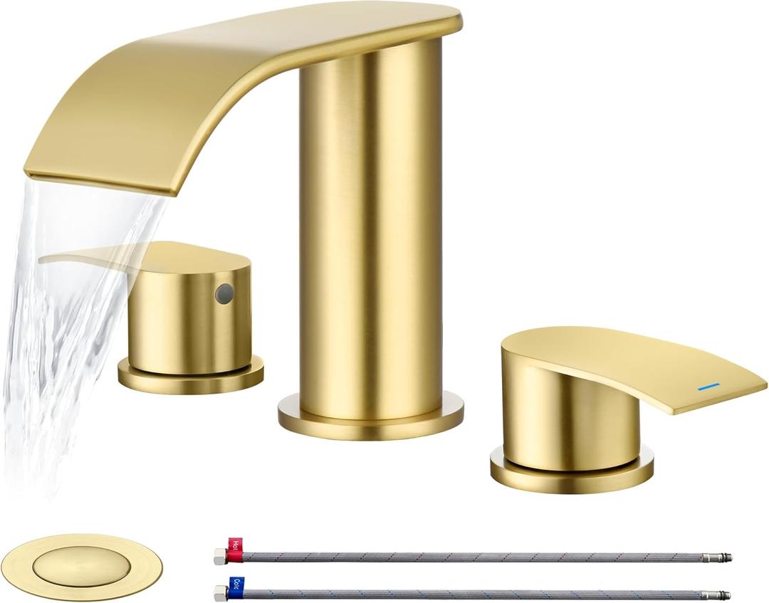 Ultimate Unicorn 8 inch Bathroom Faucet Brushed Gold, Waterfall Bathroom Faucet with Metal Pop-up Sink Drain Stopper and 2 Supply Hoses,2 Handle Widespread Faucets for Vanity Sink 3 Holes