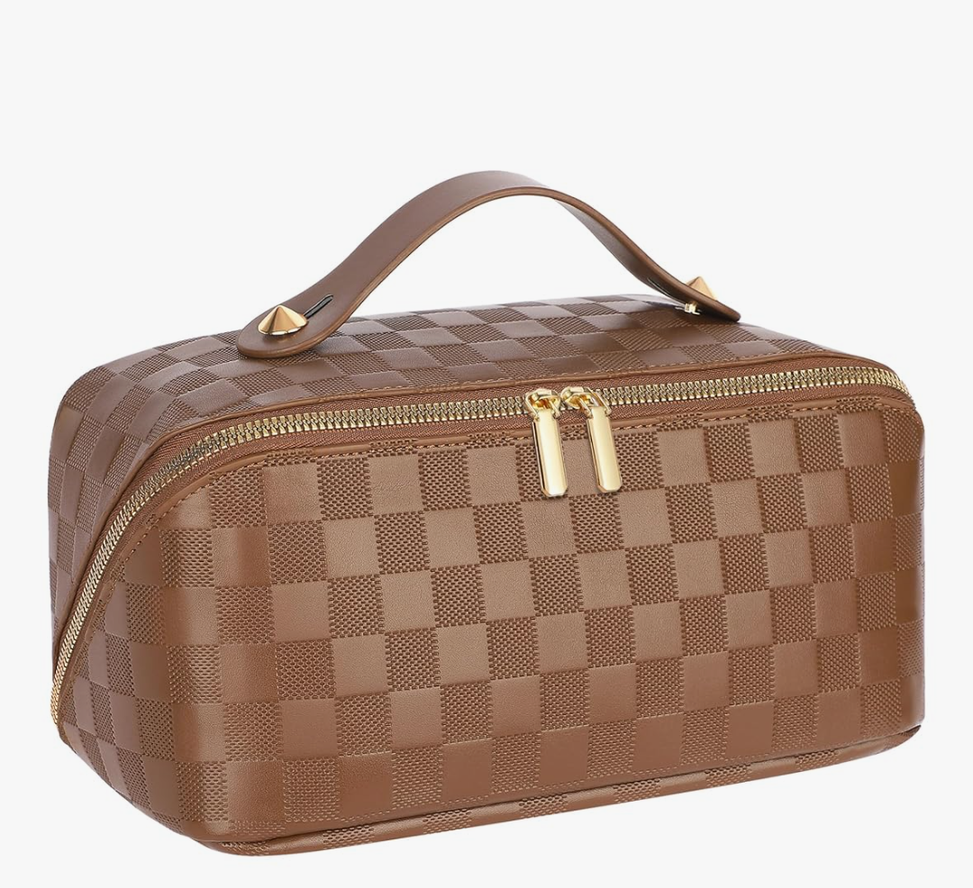 Large Capacity Travel Cosmetic Bag - Portable Makeup Bags for Women Waterproof PU Leather Checkered Makeup Organizer Bag with Dividers and Handle,Toiletry Bag for Cosmetics