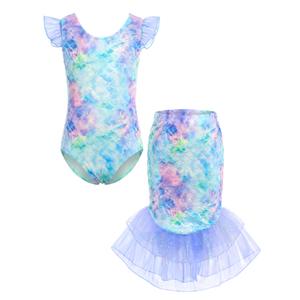 JiAmy Girls Mermaid Swimsuit 2 Piece Tankini Set Ruffle Sparkle Scale Bathing Suit with Mesh Tail Skirt for Toddler Little Kid