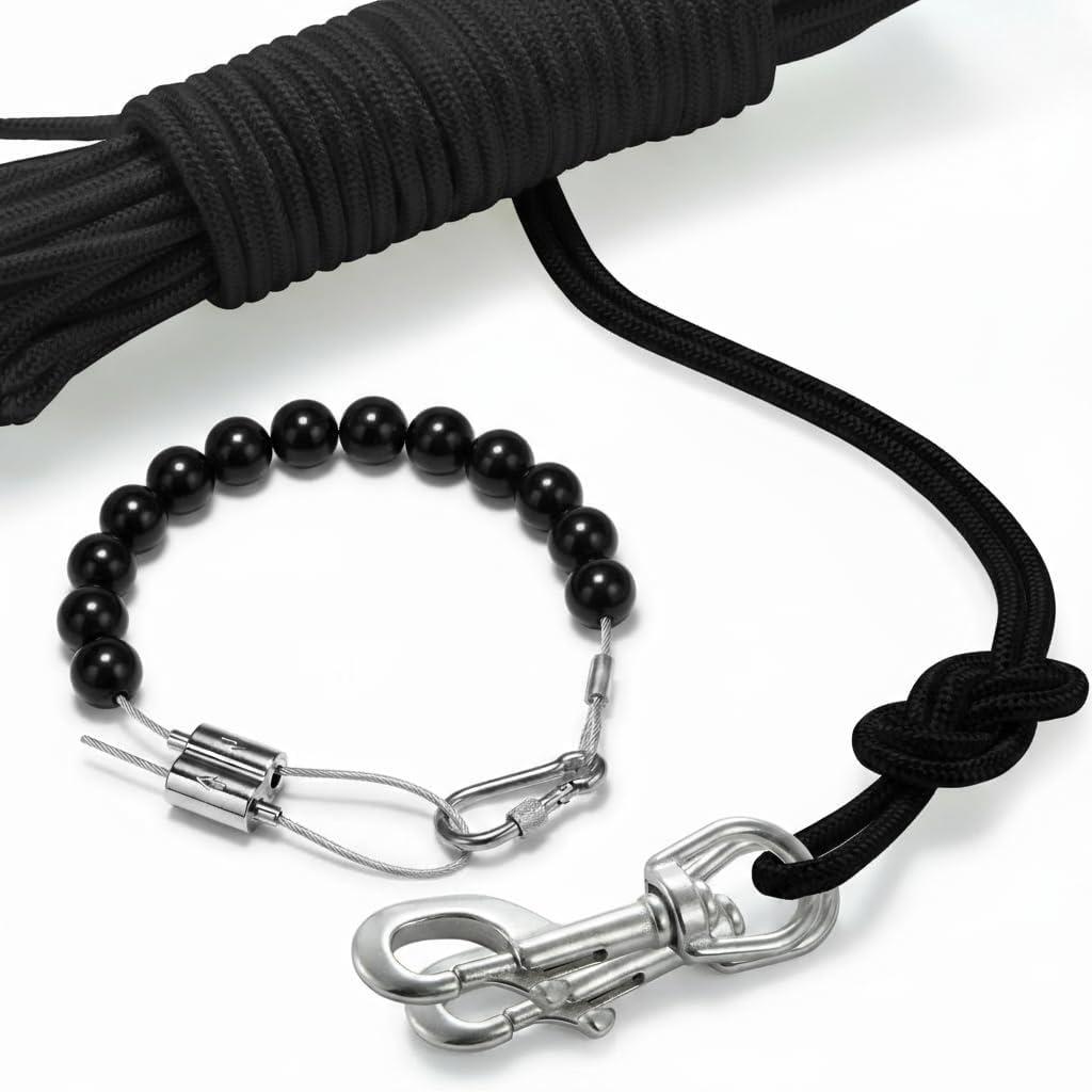 50Ft Flag Pole Rope Kit, Polyester Halyard Flag Rope with 2 Pcs 3.5 Stainless Steel Swivel Snap Hook & Adjust Length Flag Pole Retainer Ring, Marine Grade Flag Pole Accessories Replacement Kit