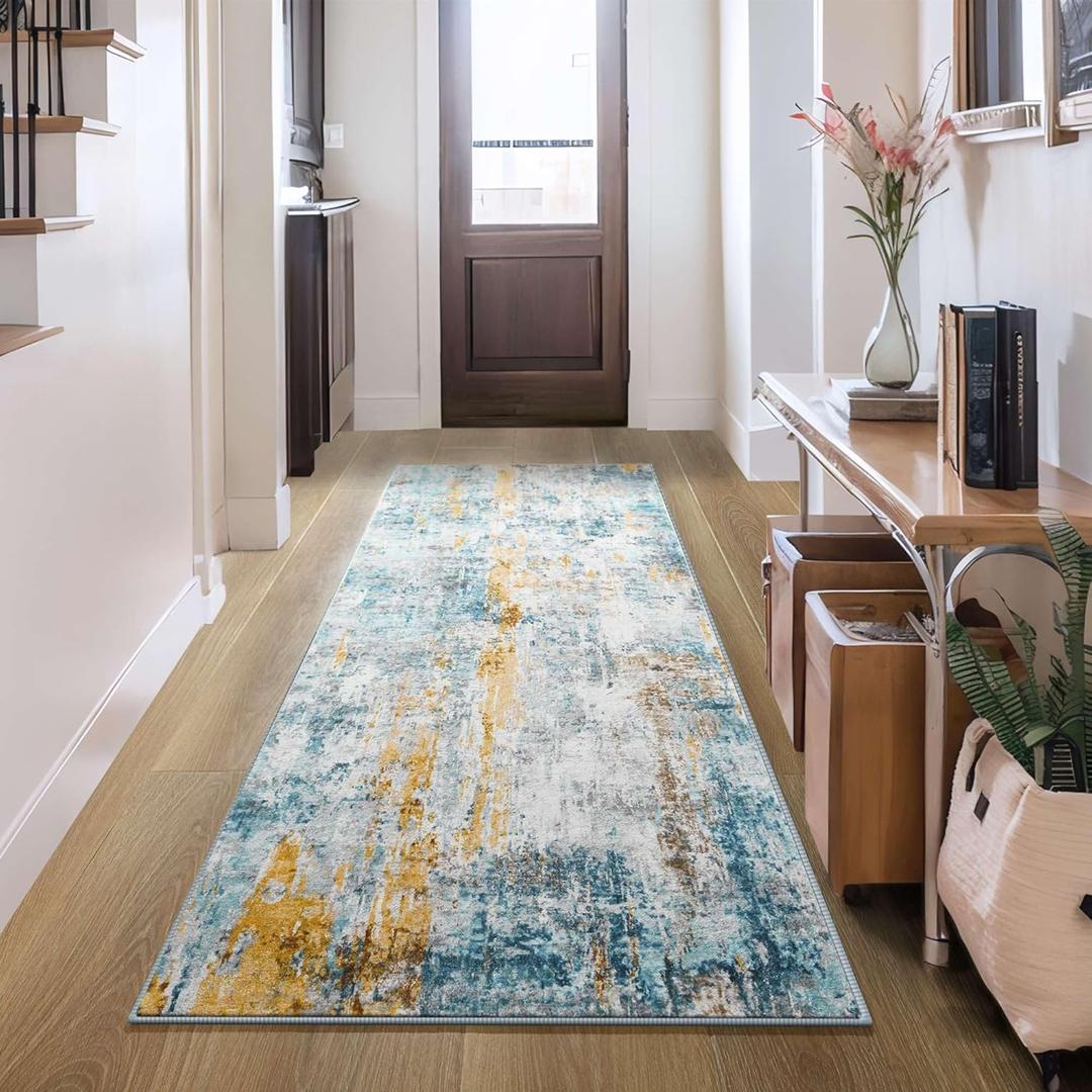 2x6 Rug Runners for Hallways Kitchen Runner Rug Non Slip Washable Blue Long Runner Rugs with Rubber Backing Soft Abstract Carpet Runner for Hallways, Kitchen, Bedroom, Bathroom, Entryway