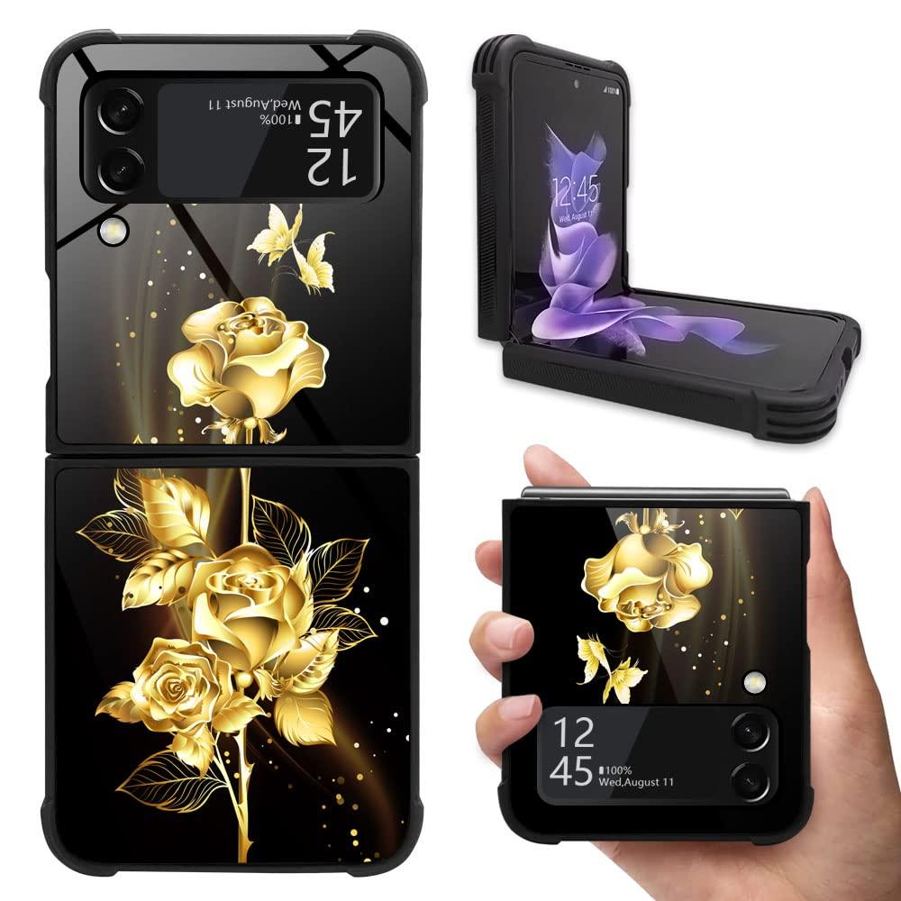 DAIZAG Case for Samsung Galaxy Z Flip3 5G, Gold Flower Rose Butterfly, Cellular Phone Case, TPU, Shockproof, Anti-Scratches, Compatible with Wireless Charging