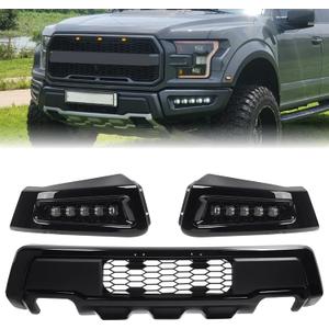 Front Bumper With LED Fog Light Assembly Compatible with 2018-2020 Ford F150 F-150 Steel Black with Sequential Flash Turn Signal Feature