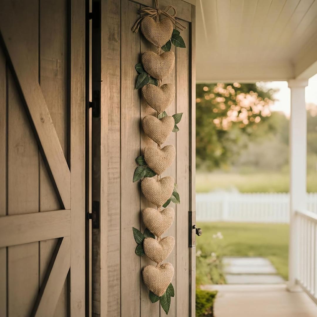 Vintage Valentines Garland Rustic Burlap Hanging Heart String Garland Heart Banner with Burlap Bow Natural Romantic Valentine Ornaments Decor for Home Farmhouse Wall Door