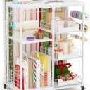 Wrapping Paper Organizer Storage with Wheels, Rolling Gift Wrap Cart with Ribbon and Gift Bag Storage, Craft Organization with 20 Roll Holders and 3 Drawers, White, 11.8"D x 25.6"W x 31.1"H