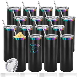YOUKE OLA 16 Pack Rainbow Plated Stainless Steel Tumbler Straight Double Wall Powder Coated for Laser Engrave, 20oz Black To Iridescent