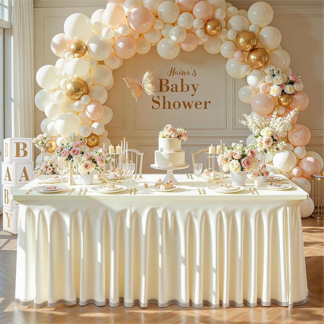 Wish Care Ivory Tulle Rectangle Tablecloth - 4 Foot Rectangle Party Wedding Table Cloths - 4ft Stretch Ruffle Tablecloths - Spandex Fitted Table Cloth - Engagement Baby Shower Baptism Decorations