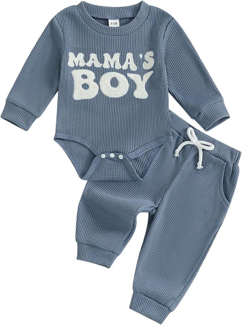 Newborn Baby Boy Clothes Mamas Boy Letters Embroidered Waffle Baby Sweatshirt Romper + Pants Sets Fall Winter Outfits (6-12 Months, Blue)