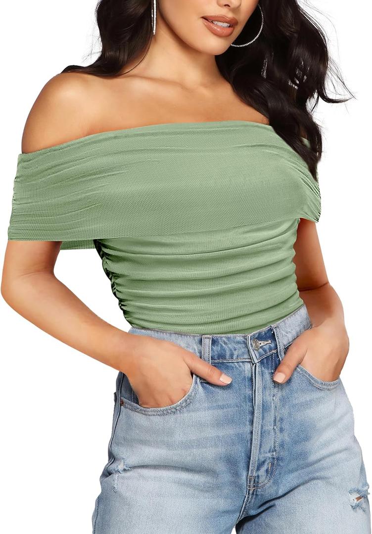 SAUNGKUAI Women's Sexy Off Shoulder Mesh Sleeveless Bodysuit Double Lined Leotard Thong Body Suits Going Out Tops (X-Large, Olivegreen)
