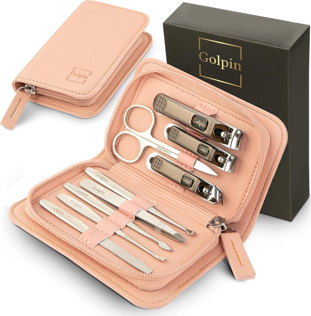 9 Pcs Manicure Set for Women Men &  Stainless Steel Manicure & Pedicure Kit with Travel Nail Grooming Case, Nail Clippers, Cuticle Tools  Gift-Ready Mens Manicure Kit & Womens Grooming Set (Pink)