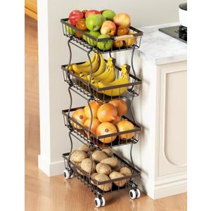 Fruit Basket, 4-Tier Small Kitchen Organizer and Storage Cart on Wheels, Rolling Pantry Snack Cart with Handle for Storing Fruit, Potato, Onion, Snacks, Vegetables, Bread, Produce