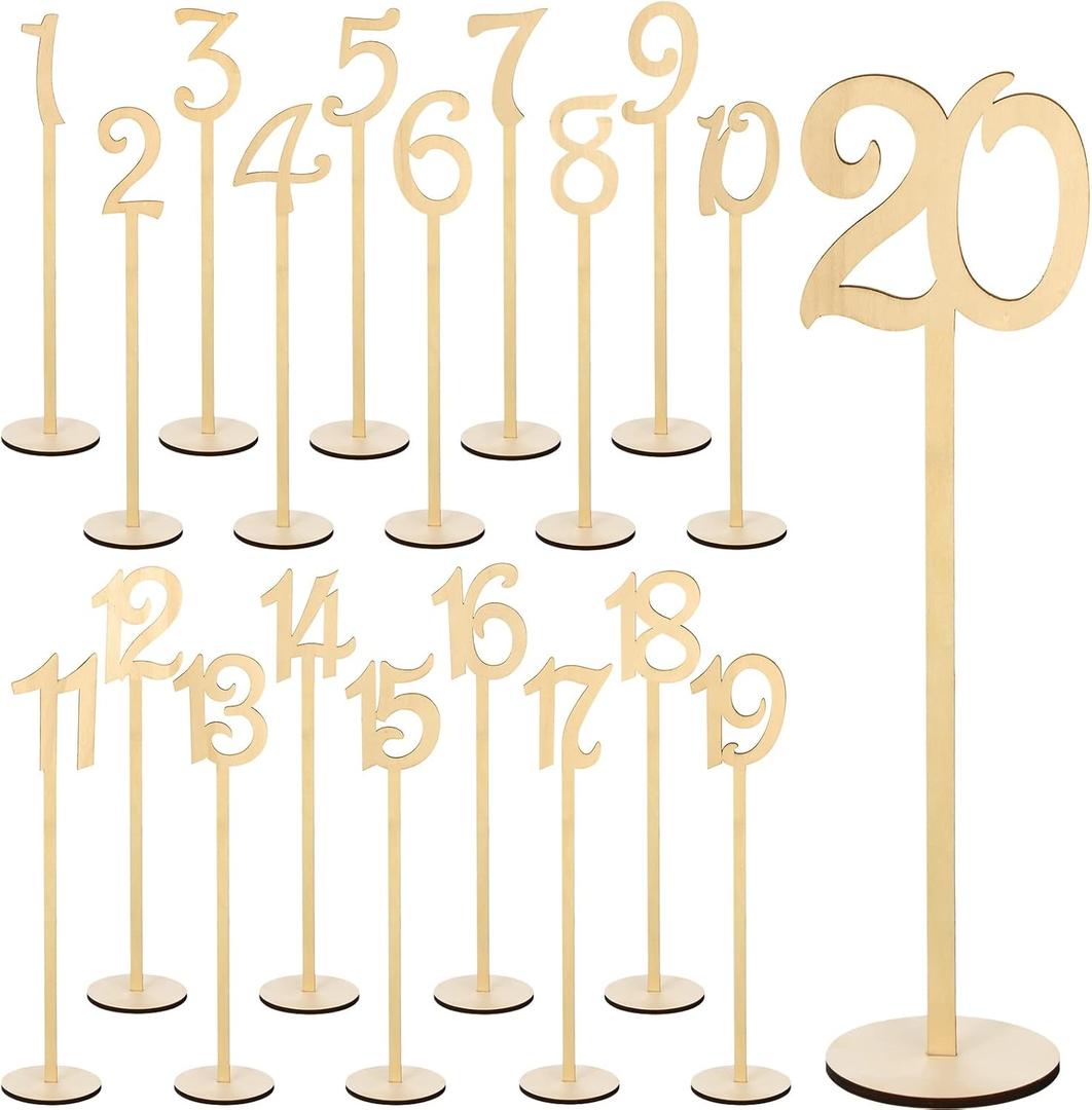 20 Pcs Wood Table Numbers for Wedding Reception Stands Seat Numbers with Holder Base Table Numbers for Wedding Party Event Catering, 1-20 (Wood Color)