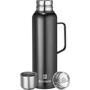 Insulated Vacuum Thermo Bottle 1500ml/50.7oz with Cup Stainless Steel Coffee Bottles for Hot and Cold Drink Water Flask.(Black, with Handle, 1500ml)