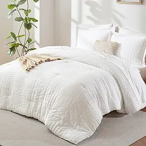 CozyLux King Size Comforter Set White Seersucker 7 Pieces Bed in a Bag King Comforter Set with Sheets, Luxury Soft Bedding Set with Down Alternative Comforter, Sheets, Pillowcases & Shams All Seasons