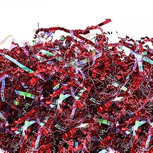UNIQOOO 1 LB Metallic Iridescent Red Crinkle Cut Paper Filler Shred for Gift Box, Sparkling Shredded Paper Raffia Tissue, Craft Cushion for Christmas Wedding Valentines Day Gift Basket Bag Packaging