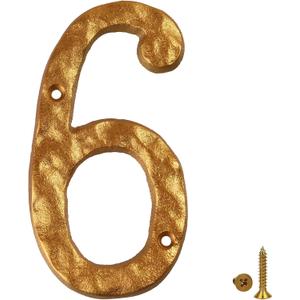 HILAZA House Number 6 for Outside, 5.5 Inch Cast Iron Metal Home House Address Numbers, Golden