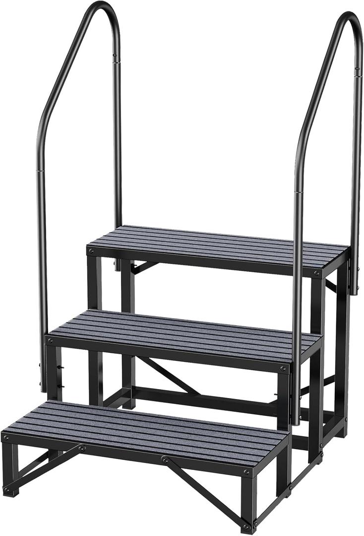 3 Step RV Steps with Dual Handrails, Heavy-Duty RV Stairs for Camper, Trailer, Hot Tub, Pool, RV Step Stool with Non-Slip Mats