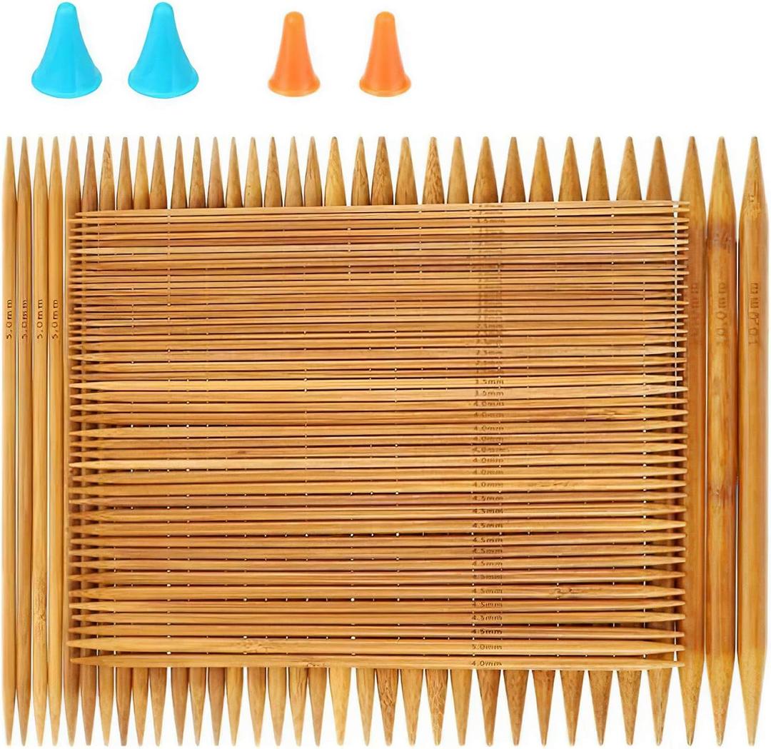 RELIAN Double Pointed , 75 Pcs Bamboo Knitting Needles Set, 15 Sizes from 2.0mm-10.0mm(8 Inches Length)+ 4Pcs Knitting Needles Point Protectors