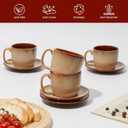 Pokini Stoneware Coffee Cups with Saucers, 6 Oz Cappuccino Cups Set of 4, Microwave & Dishwasher Safe, Perfect For Tea, Espresso, Latte, Ceramic Mugs for Kitchen or Cafe, Brown Yellow