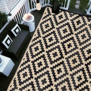 SAND MINE Waterproof Outdoor Rug 9x12 ft, Plastic Reversible Rug, Modern Area Rug, Large Floor Mat for Outdoors, RV, Patio, Backyard, Deck, Picnic, Beach, Camping,  Black & Beige, 9' x 12'
