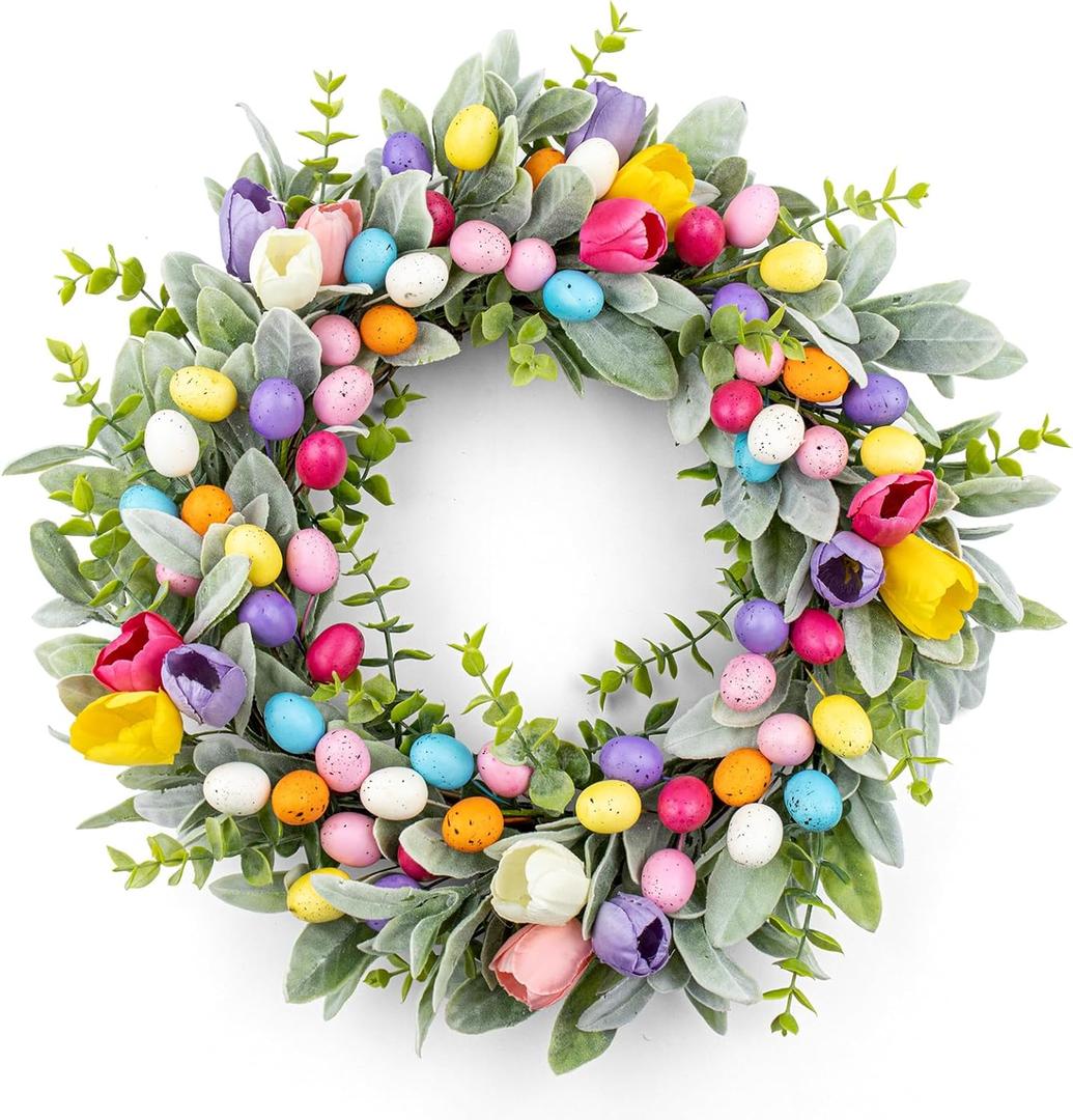Easter Wreaths for Front Door 20 Inch Easter Wreath Artificial Colorful Egg Wreath with Tulip and Flocked Lambs Ear for Home Indoor Outdoor Hoilday Party Decorations