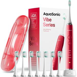 Aquasonic Vibe Series Ultra-Whitening Toothbrush  ADA Accepted Electric Toothbrush - 8 Brush Heads & Travel Case  40,000 VPM Motor & Wireless Charging - 4 Modes w Smart Timer  Ruby