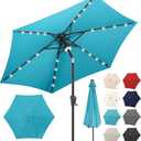 FLAME&SHADE 7.5 ft Solar Powered Outdoor Market Patio Table Umbrella with LED Lights and Tilt, Aqua Blue