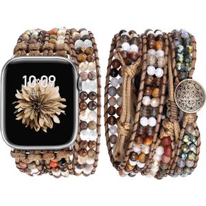 JR.DM Boho Beaded Watch Band Women Compatible with Apple Watch Band 38mm 40mm 41mm 42mm(S10) Brown Stone Bracelet Adjustable Handmade Braided Rope Watch Strap for iWatch Series 10/9/8/7/6/5/4/3/2/1/SE (38/40/41/42mm(S10)-Fit wrist 5.5" -7.2", A Brown Stone Beaded)