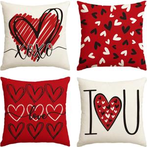 AVOIN colorlife I Love U XOXO Valentine Hearts Throw Pillow Covers, 18 x 18 Inch Love Wedding Cushion Case Decoration for Sofa Couch Set of 4 (Red)