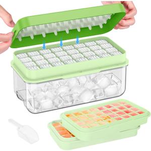 PHINOX Ice Cube Tray With Lid and Bin, Ice Trays for Freezer, Flexible Ice Cube Trays, Making 64 pcs Ice Cubes, Chilling Cocktail, Whiskey, Coffee, with 2 trays, Ice Container, Scoop&Cover, BPA Free (Green)