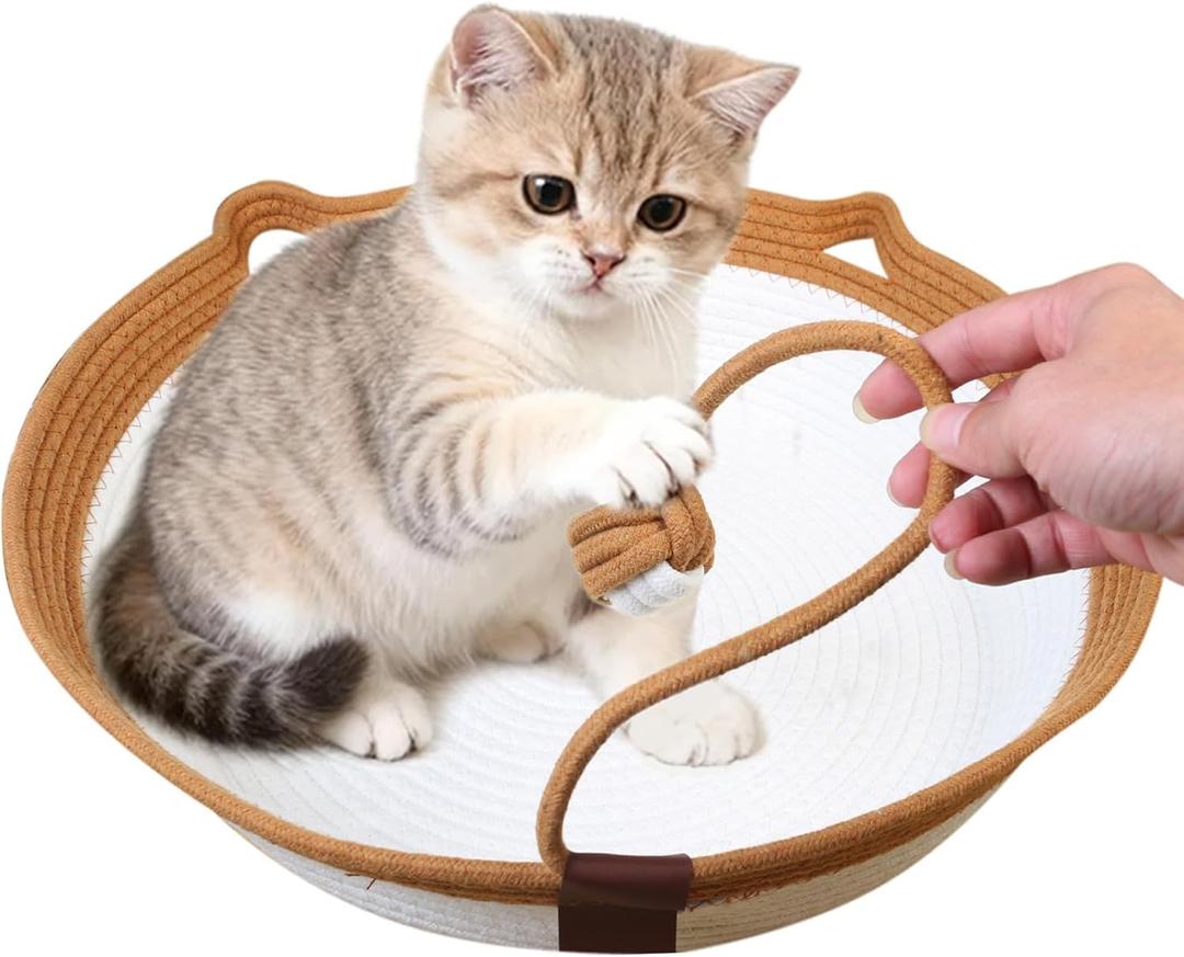 Instinct Basket,Stimulicat Cat Bed,Stimulicat Cat Bed Rope Cotton with Cushion,Eliminates Bed Rejection Round Pet Basket,Boho Catbed for Cats Handwoven Scratchable Breathable Weave (White, Large)
