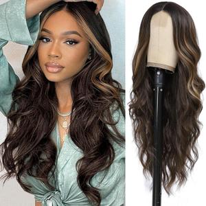 Long Dark Brown Wigs 26 Inch Ombre Brown Mixed Blonde Highlight Wig for Women Long Curly Wavy Synthetic Heat Resistant Wigs for Daily Party Use, Average