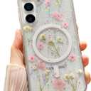 Real Flowers for Samsung Galaxy S25 Plus Case Cute [Magnetic and Wireless Charging] Glitter Phone Cover with Pressed Dried Floral, Drop Protection Case for Women Girls - Clear 6.7"