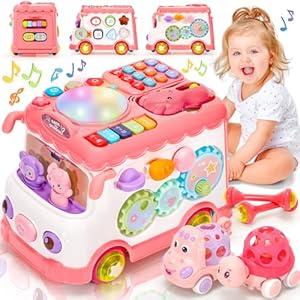 AmiDear Baby Gift for 1-2 Year Old Girl, 10-in-1 Montessori Toys Bus for Baby 6-12-18 Months+, Educational Musical Sensory Learning Toddler Toys Age 1-2, First Christmas and Birthday Gifts Pink