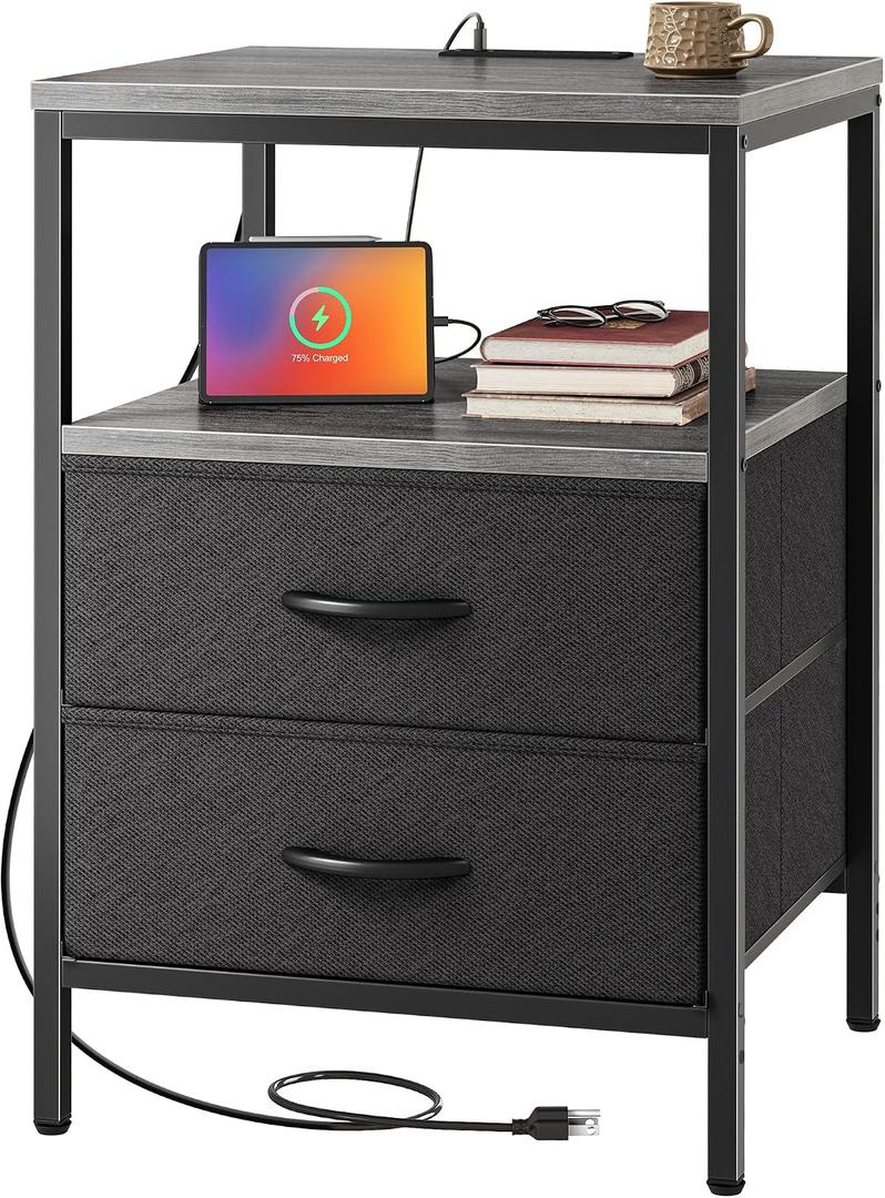 Huuger Night Stand with Charger Station, 27.7 Inch Tall Nightstand, Bed Side Table with 2 Fabric Drawers, Fabric Drawer Dresser for Bedroom, Living Room, Grey, 11.8"d X 17.7"w X 27.7"h